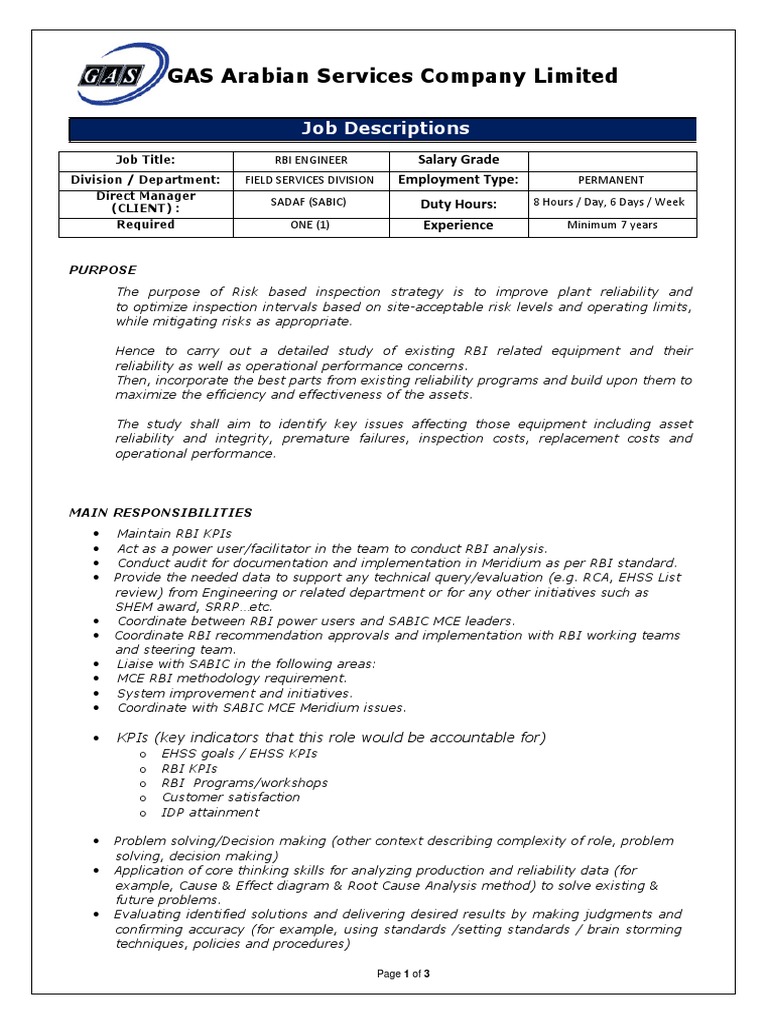 GAS Arabian Services Company Limited Job Descriptions PDF