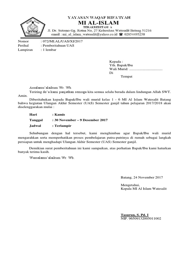 Contoh Surat Pemberitahuan Ulangan Akhir Semester Uas