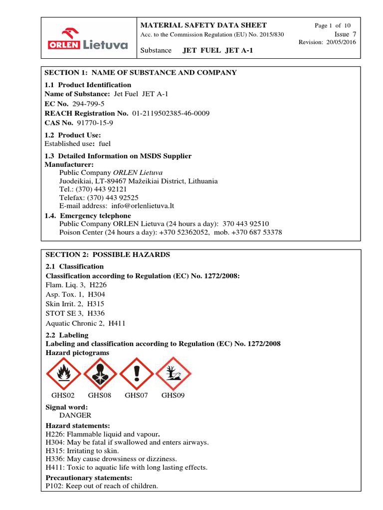 Jet A-1 Fuel Safety Data Sheet | PDF | Toxicity | Personal Protective ...