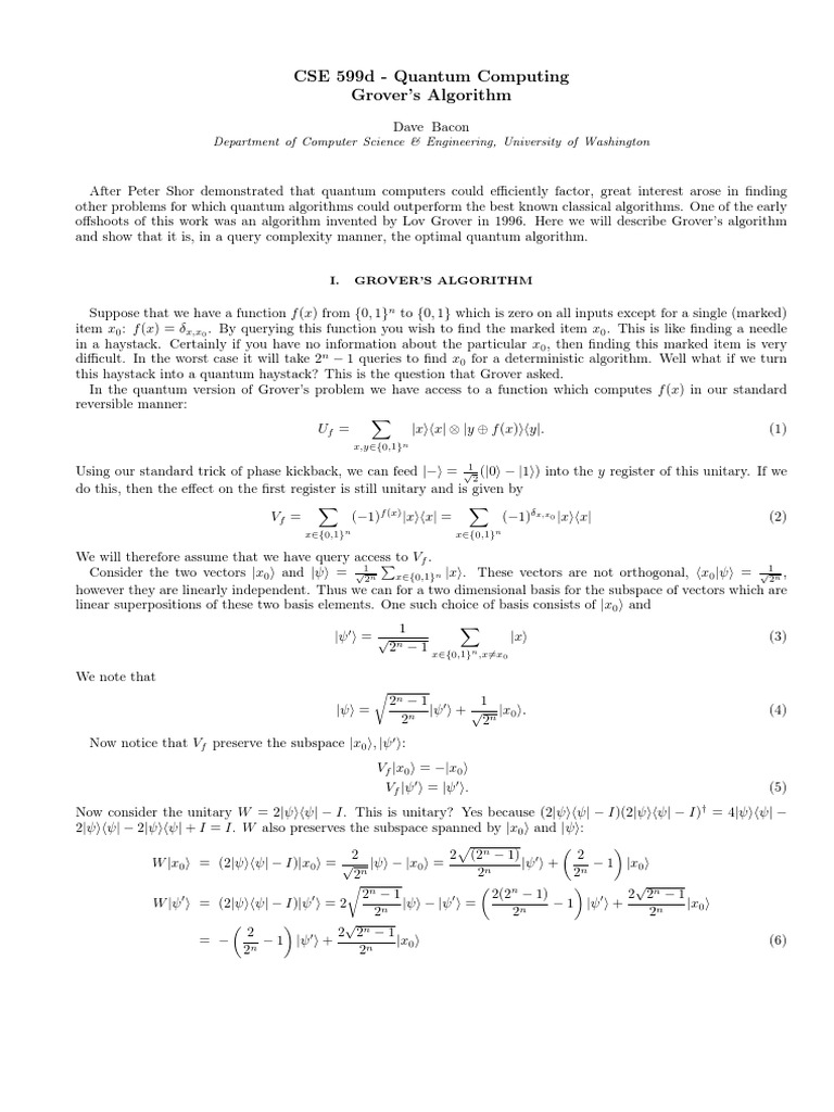 CSE 599d - Quantum Computing Grover's Algorithm: Department of Computer ...