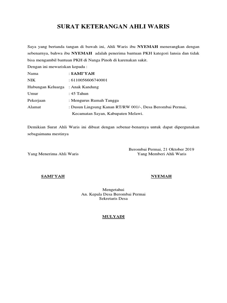Surat Kuasa Dari Ahli Waris Pkh