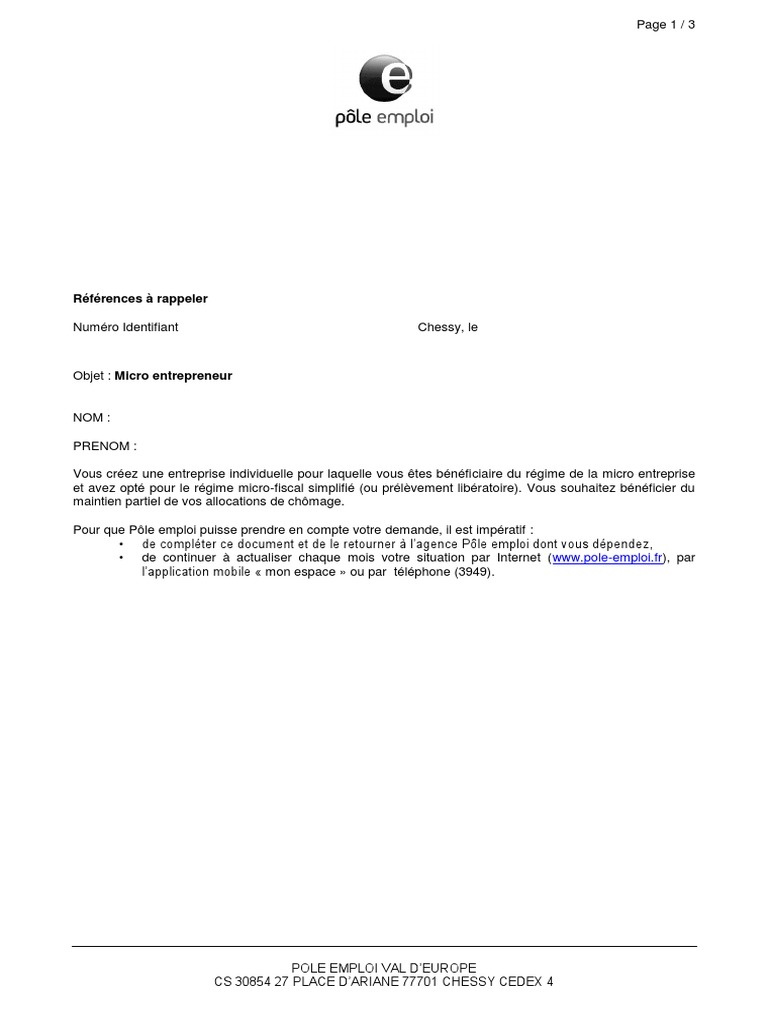 Attestation Sur L honneur Pole Emploi Micro Entrepreneur PJ | PDF | Économie | Gouvernement