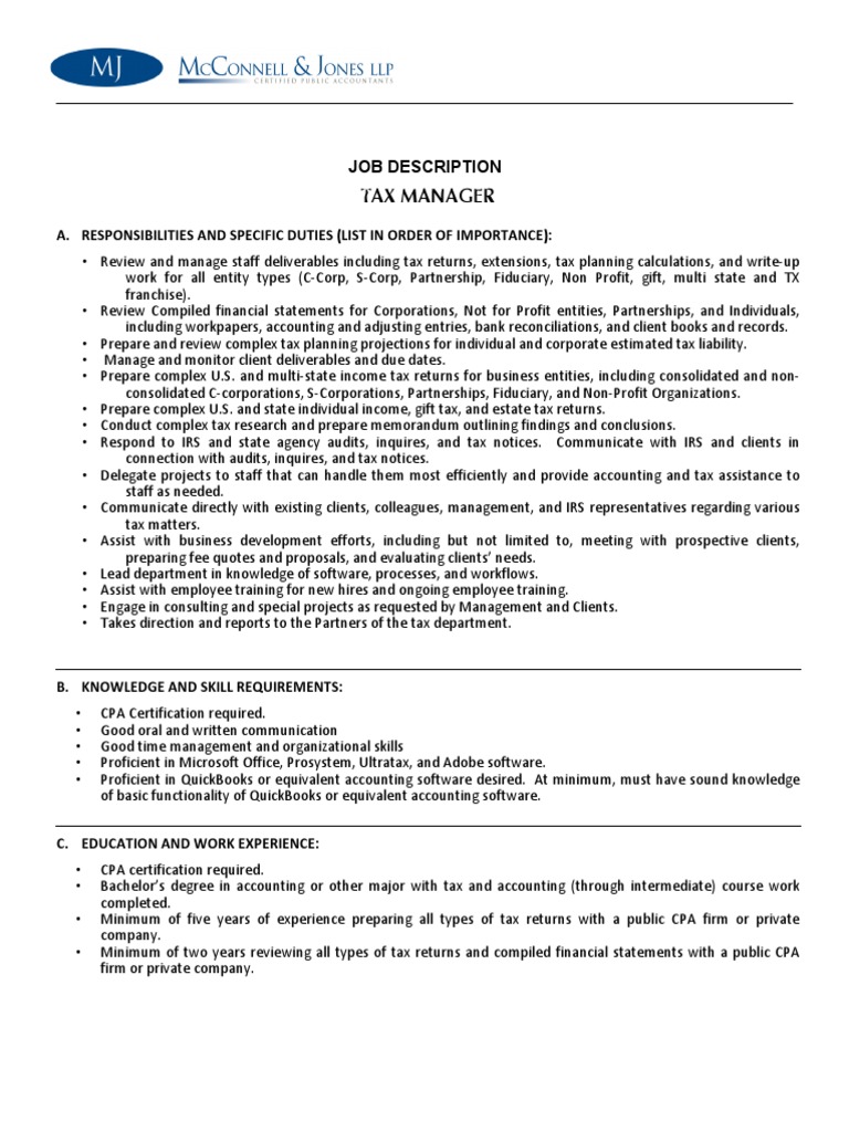 Tax Manager Job Description PDF Certified Public Accountant Quick
