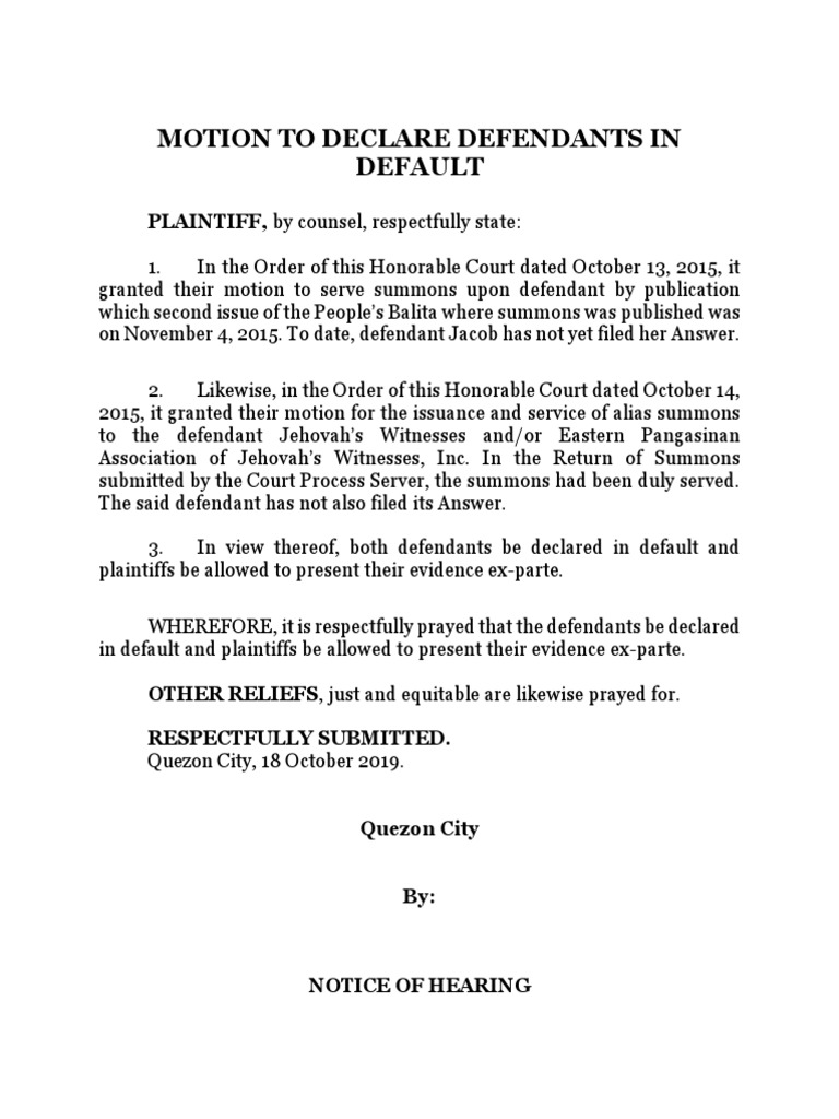 Motion To Declare Defendant in Default PDF