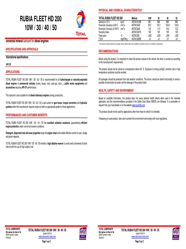 Total Lubricants TDS PDF Motor Oil Lubricant