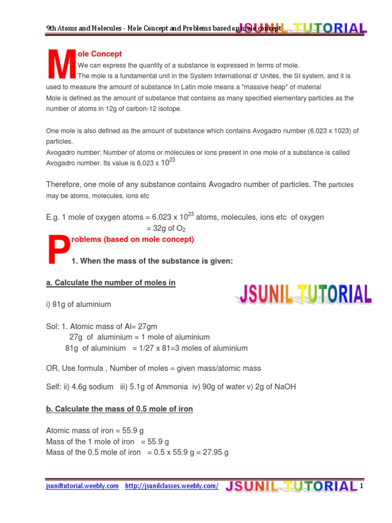 9th Mole Concept and Problems Based On PDF | PDF | Mole (Unit) | Molecules