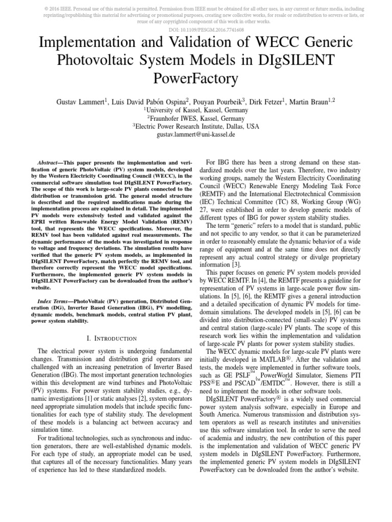 Implementation and Validation of WECC Generic Photovoltaic System