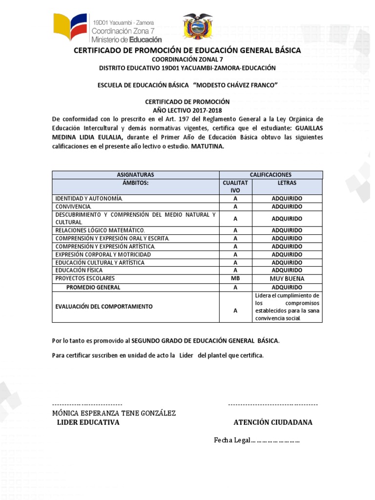 Certificado de Promoción Escolar 2018 | PDF | Educación primaria ...