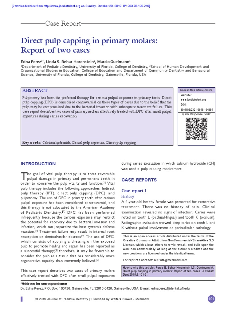 Direct Pulp Capping in Primary Molars: Report of Two Cases | PDF ...