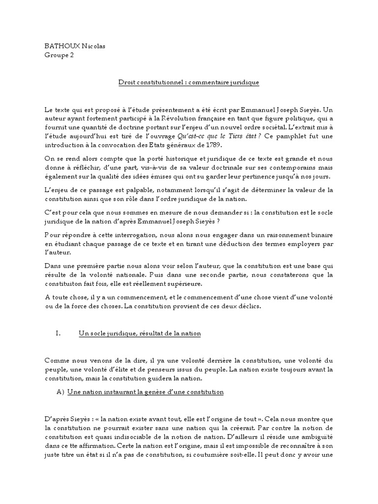 Commentaire De Texte Extrait Q Est Ce Que Le Tiers Etat De Joseph Sieyes Pdf Loi Constitution