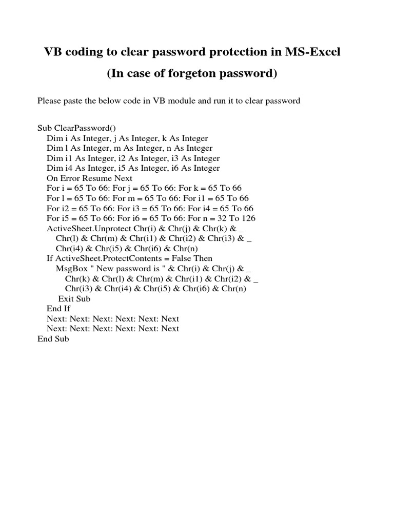 Vb Coding To Clear Password Protection In Ms Pdf