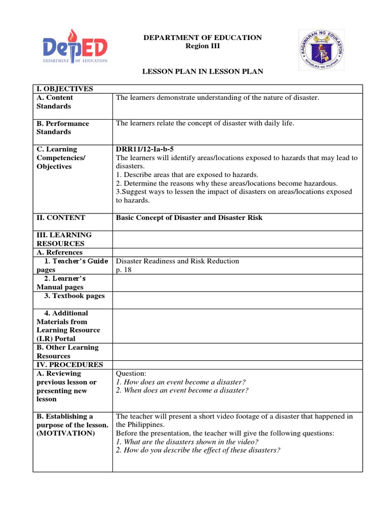 Disaster Risk Reduction Lesson Plan | PDF | Hazards | Lesson Plan