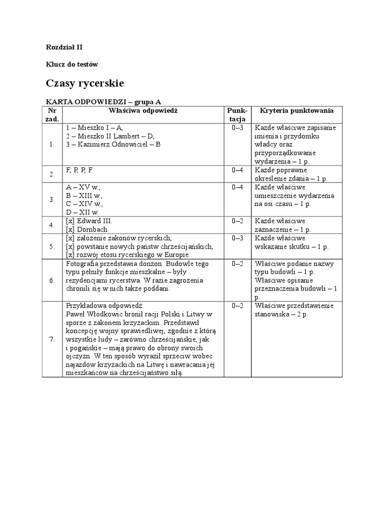 Komplett Plus 2 ćwiczenia Odpowiedzi Pdf Test Czasy Rycerskie Grupa a Klucz Odpowiedzi