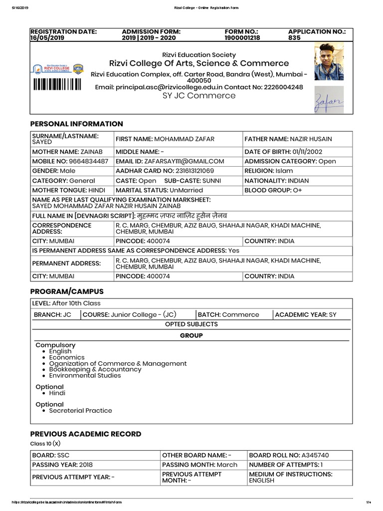 Rizvi College Online Admission Form 2019 | PDF | College | Social ...