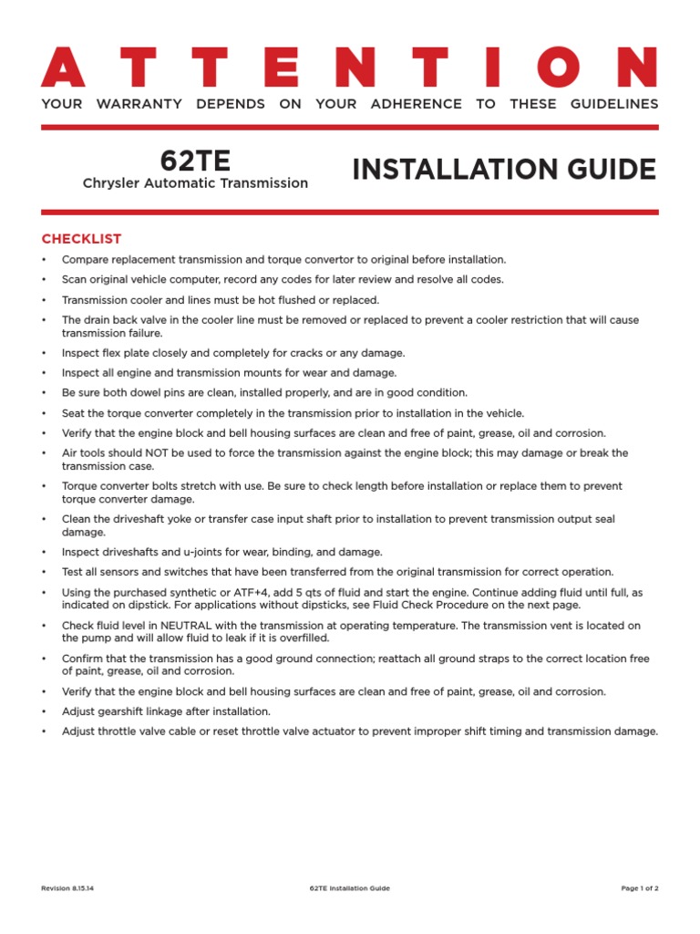 Attention 62TE Installation Guide PDF Transmission (Mechanics