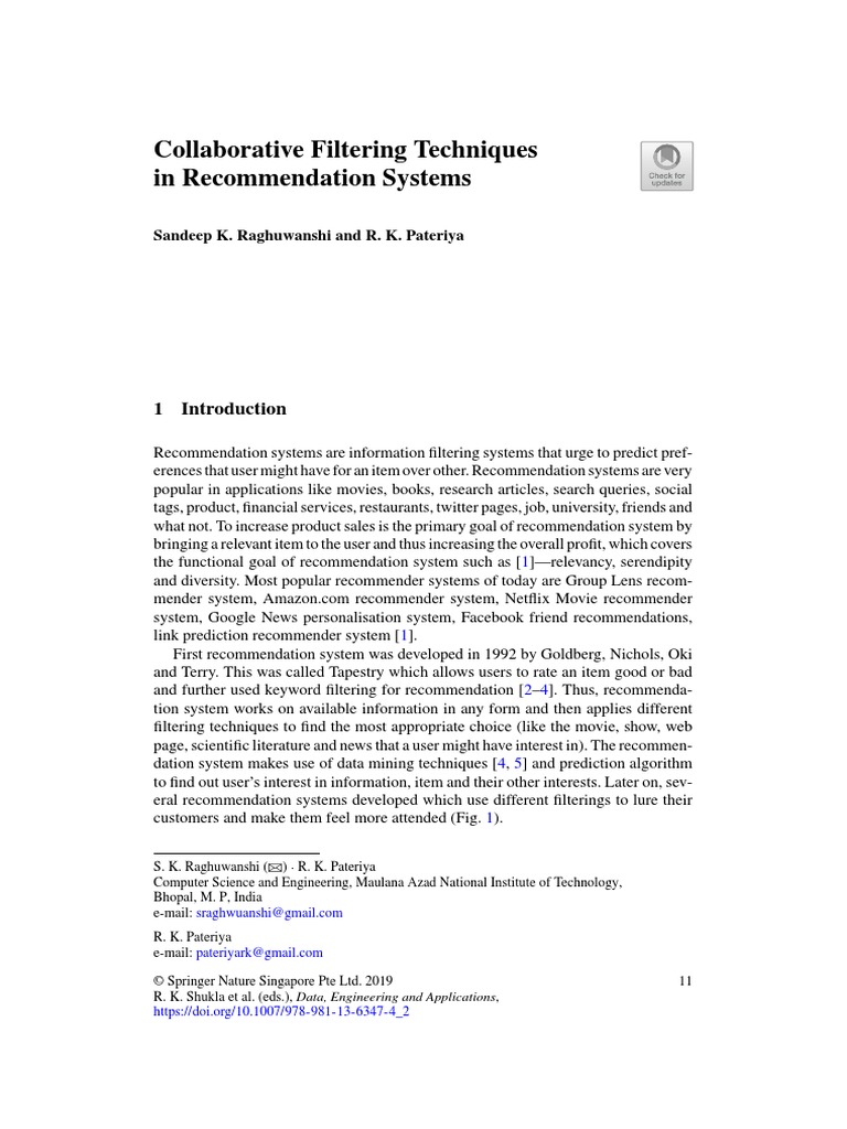 IDEA - Collaborative Filtering Techniques in Recommendation Systems ...