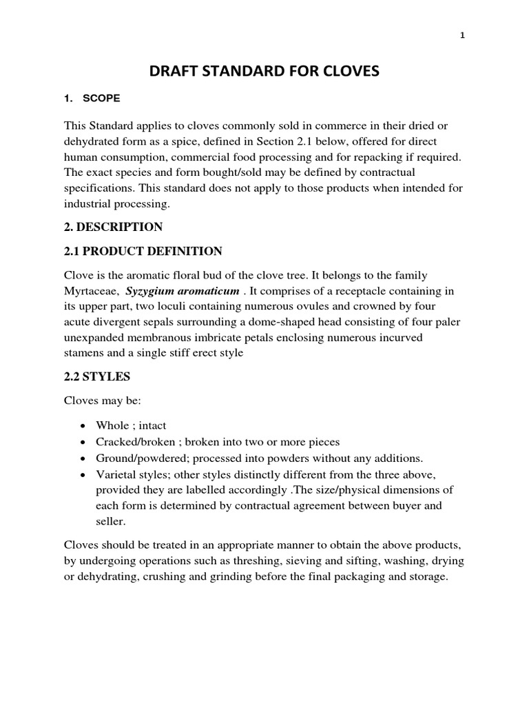 Draft Standard For Cloves 2. Description 2.1 Product Definition PDF