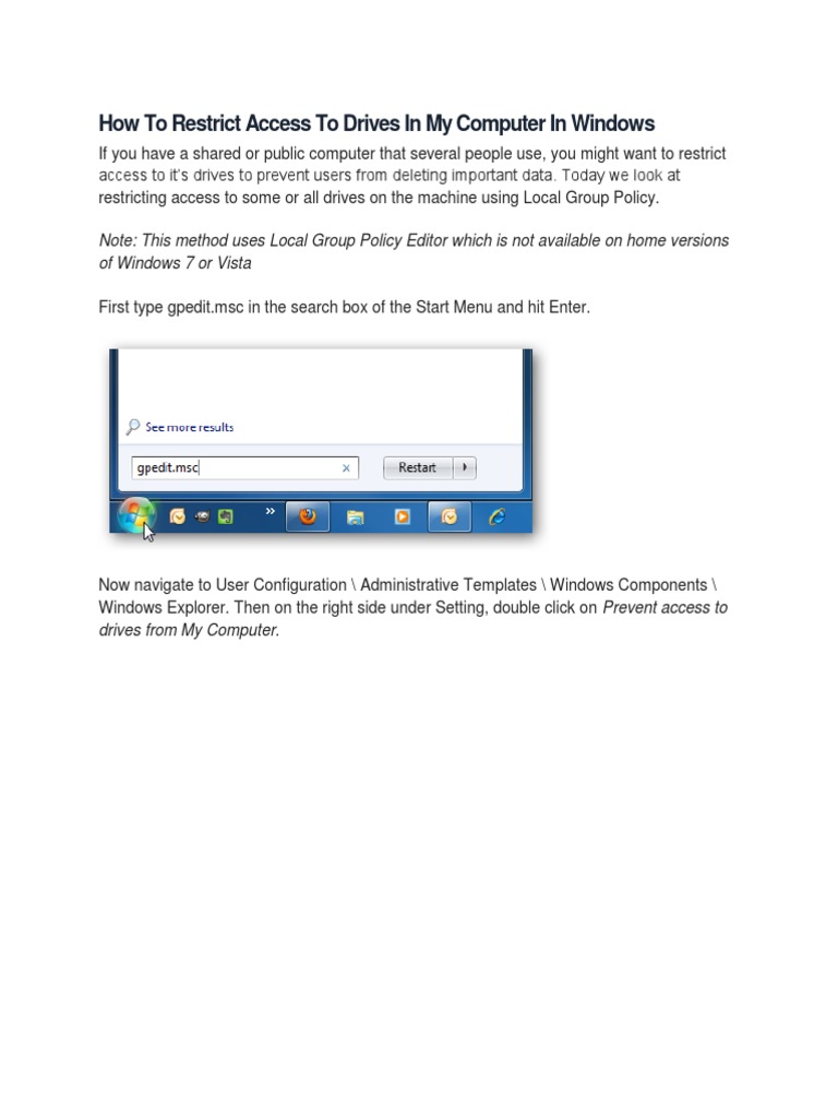 How To Restrict Access To Drives in My Computer in Windows of Windows 7 or Vista Download