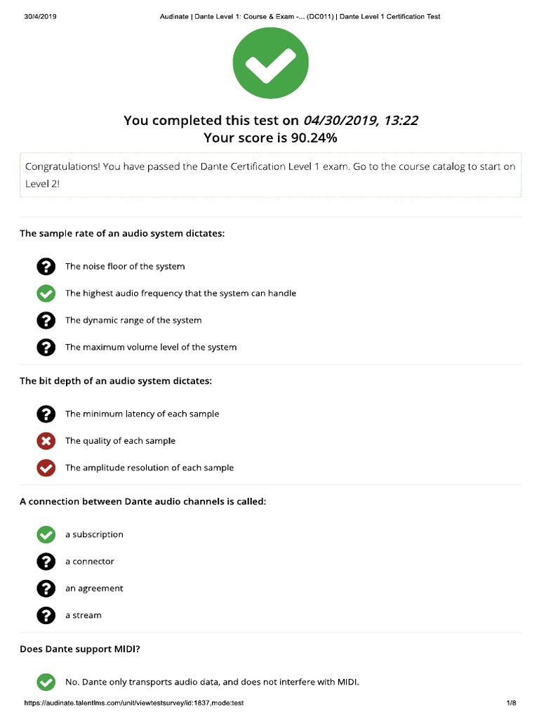 Audinate - Dante Level 1 - Course & Exam... 11) - Dante Level 1  Certification Test PDF | PDF