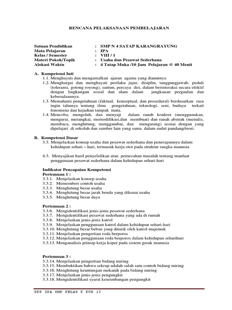 Rpp K 13 Bab 2 Usaha Dan Pesawat Sederhana