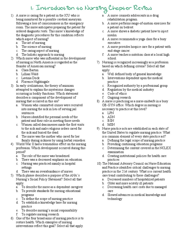 1 Introduction To Nursing Chapter Review | PDF | Nursing | Health Care