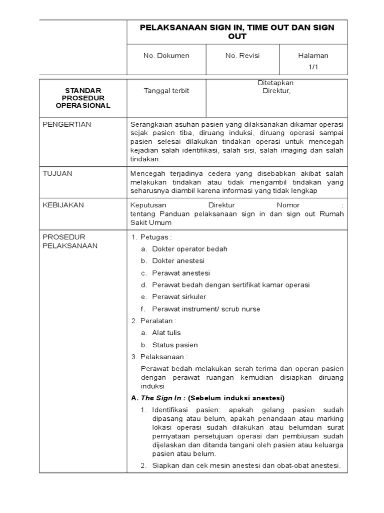 Spo - Pelaksanaan Sign in Time Out Dan Sign Out | PDF