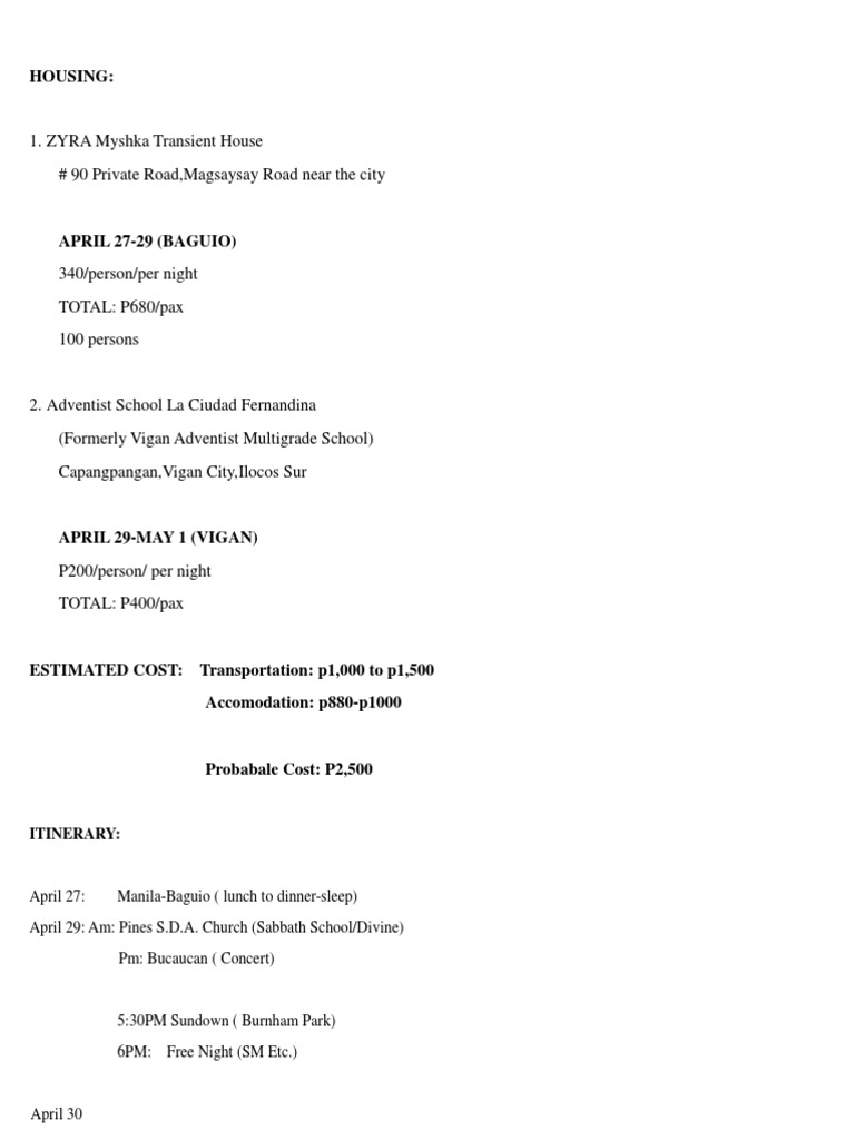 Baguio and Vigan Trip Itinerary 2023 | PDF | Social Science | Travel