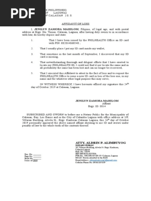 Affidavit of Loss of Philhealth ID
