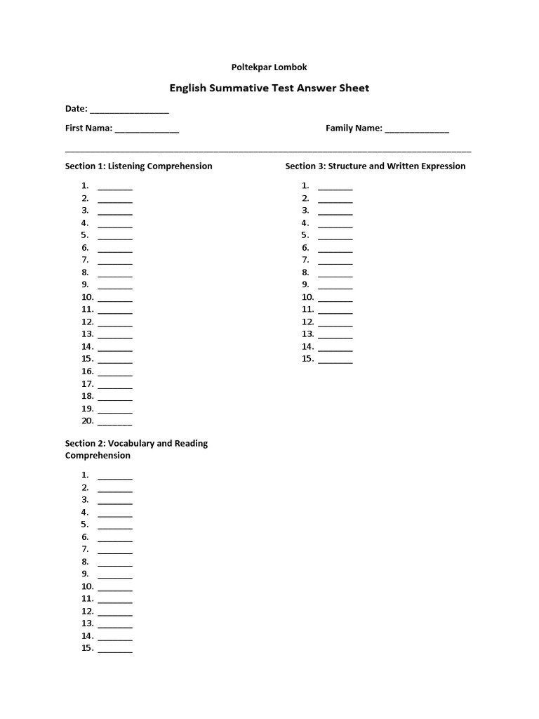 English Summative Test Answer Sheet | PDF | Computers