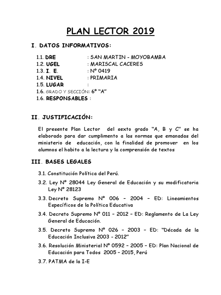 Plan Lector para Sexto Grado Primaria | PDF