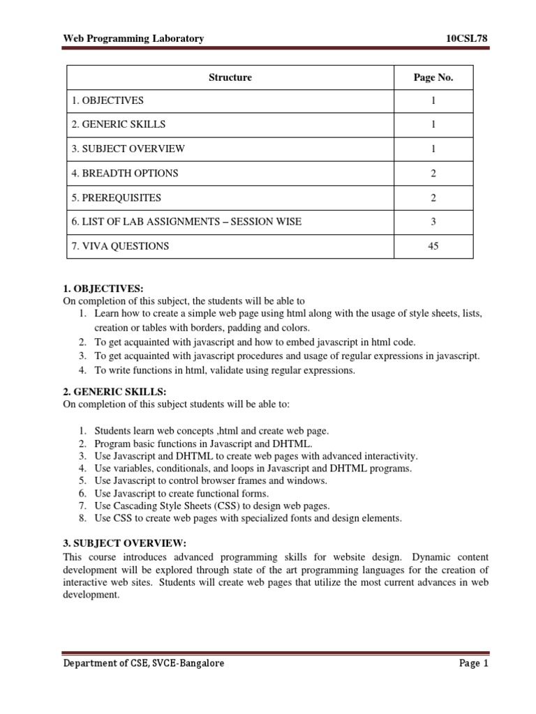 Web Programming Laboratory 10Csl78 | PDF | Dynamic Html | World Wide Web