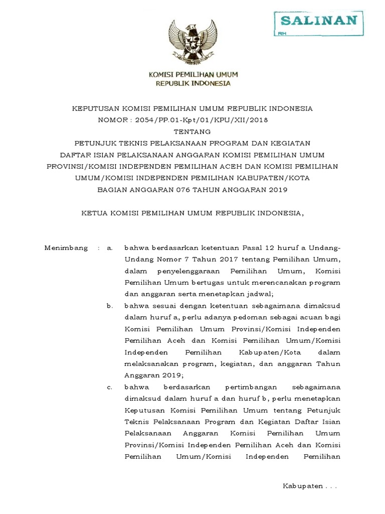 Petunjuk Teknis Anggaran KPU 2019 | PDF