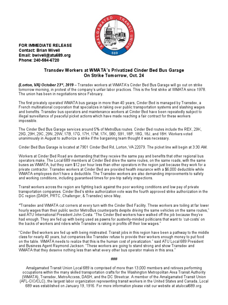 Press Release - Transdev Workers On Strike at WMATA Cinder Bed Bus