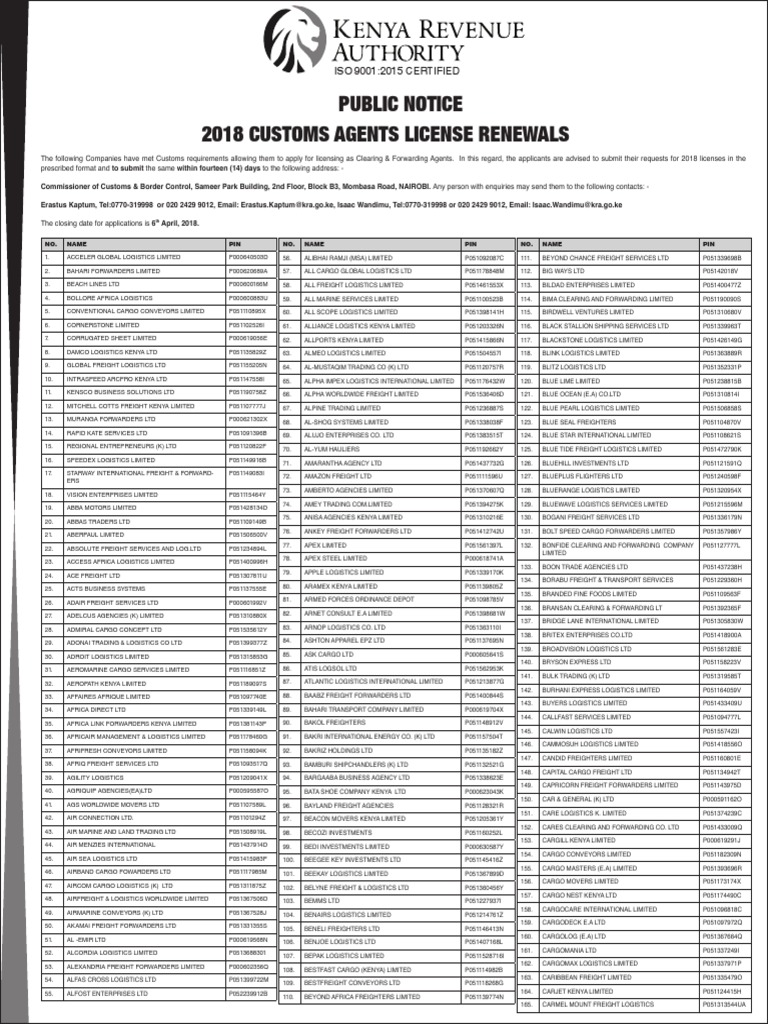 List of 2018 Clearing Agents PDF Cargo Cargo Ship