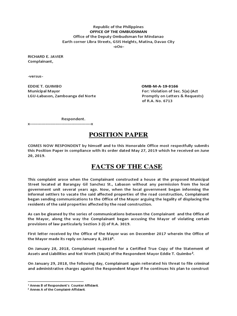 Mayor Quimbo Position Paper | PDF | Freedom Of Information Laws By ...