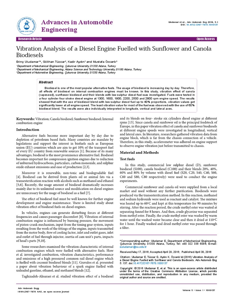 Vibration Analysis of A Diesel Engine Fuelled With Sunflower and ...