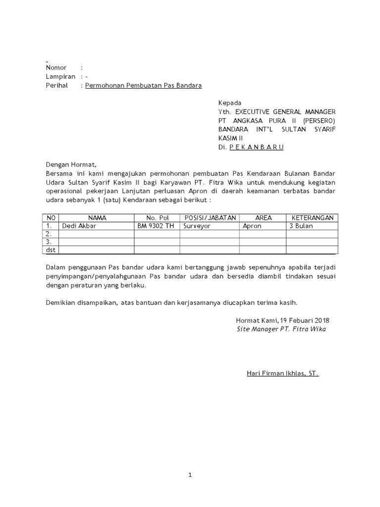 Contoh Surat Permohonan Pas Keselamatan Airport