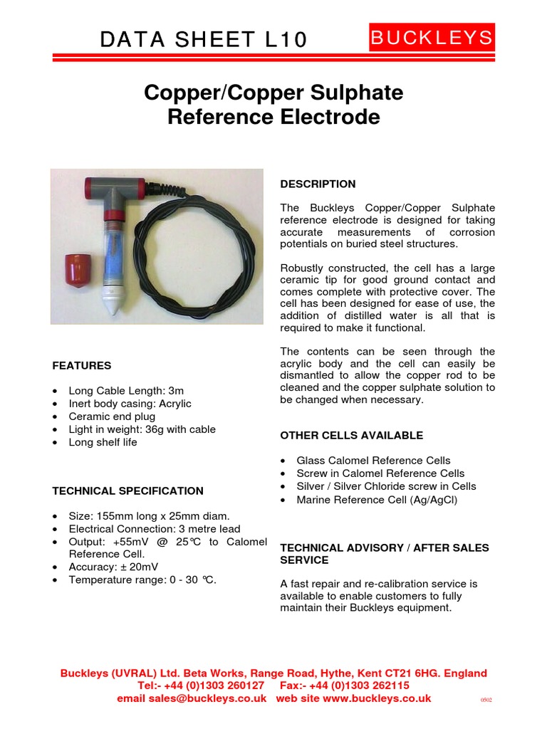 Data Sheet L10 Data Sheet L10 Copper/Copper Sulphate Reference