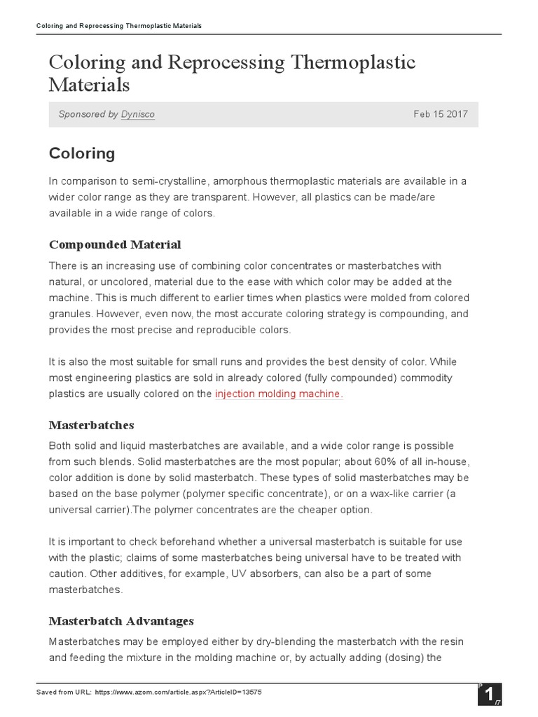 Coloring and Reprocessing Thermoplastic Materials | PDF | Plastic ...