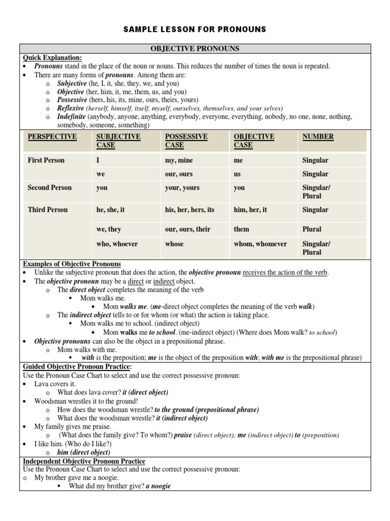 Sample Lesson For Pronouns Objective Pronouns | PDF | Grammatical ...