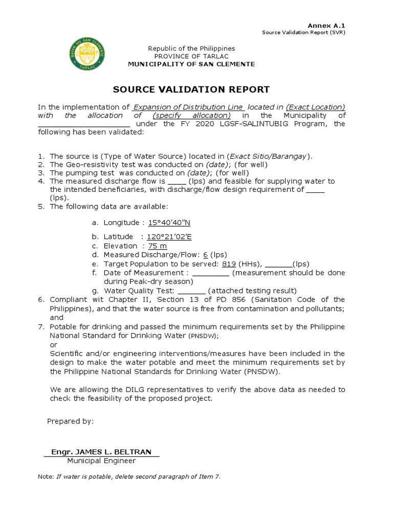 Source Validation Report for Water Supply | PDF | Drinking Water ...