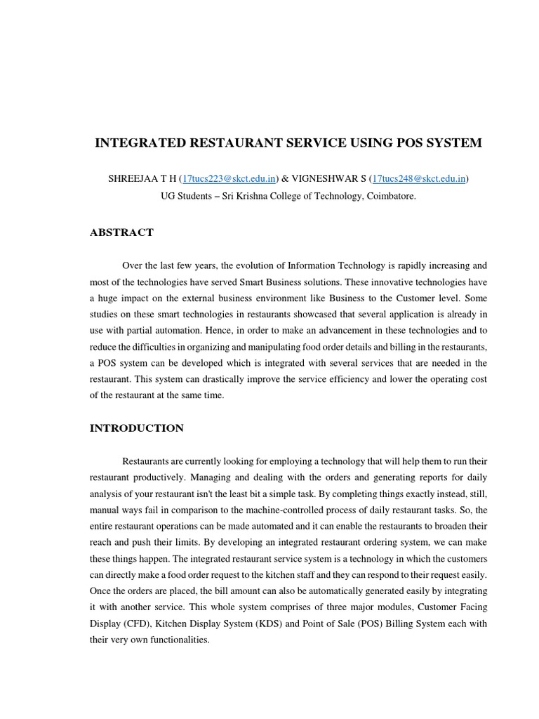 Integrated POS System for Restaurants | PDF | Point Of Sale | Databases