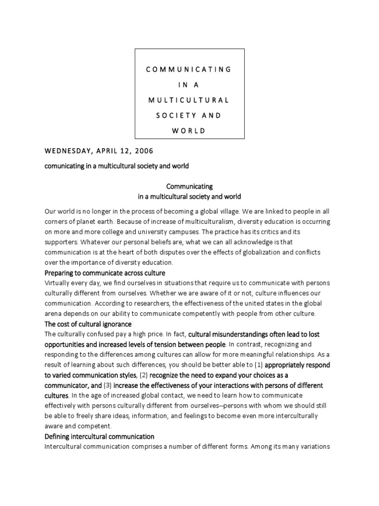 Communicating in a Multicultural Society | PDF | Communication ...