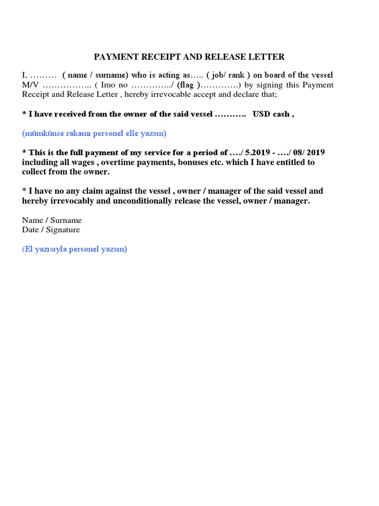 Payment Receipt And Release Letter