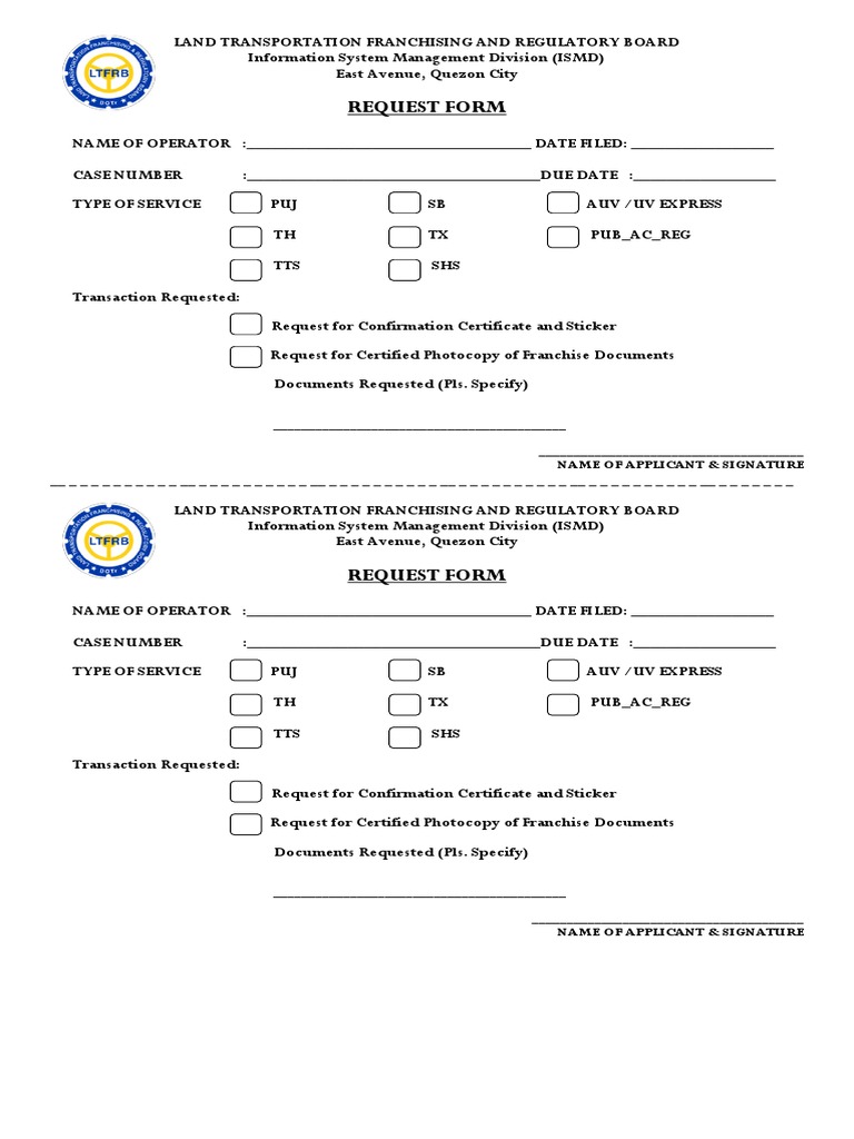B. Request Form Certified Photocopy of Order Decision and Fare Matrix ...