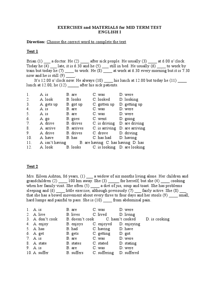 UTS English I Mid Term Test Exercises | PDF | Gastroenterology | Medicine