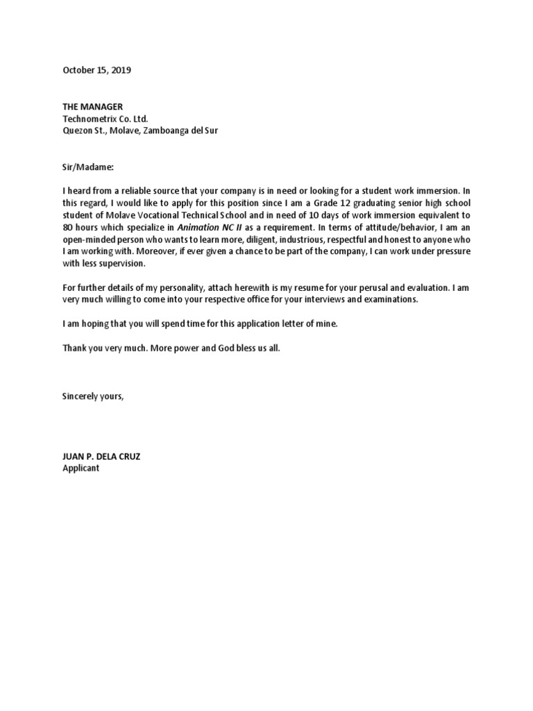 application letter for work immersion student brainly