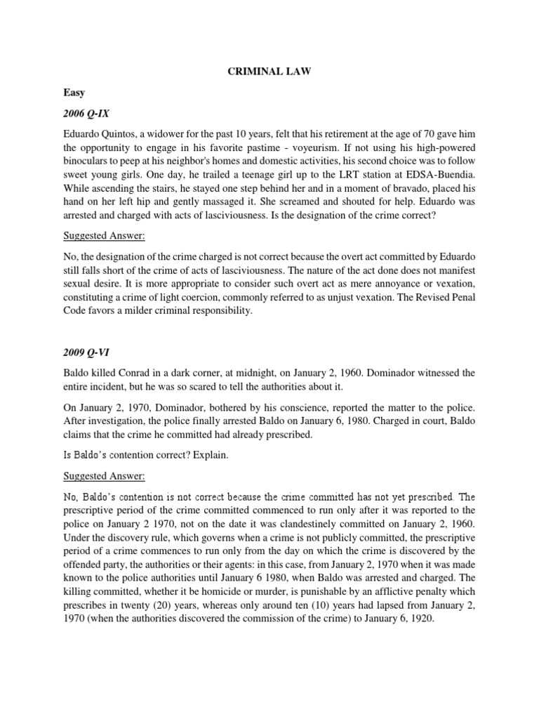 Criminal Law Bar Questions (With Answers) PDF Defamation Probation