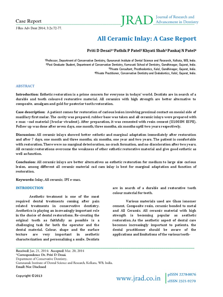 All Ceramic Inlay: A Case Report | PDF | Dentistry | Mouth