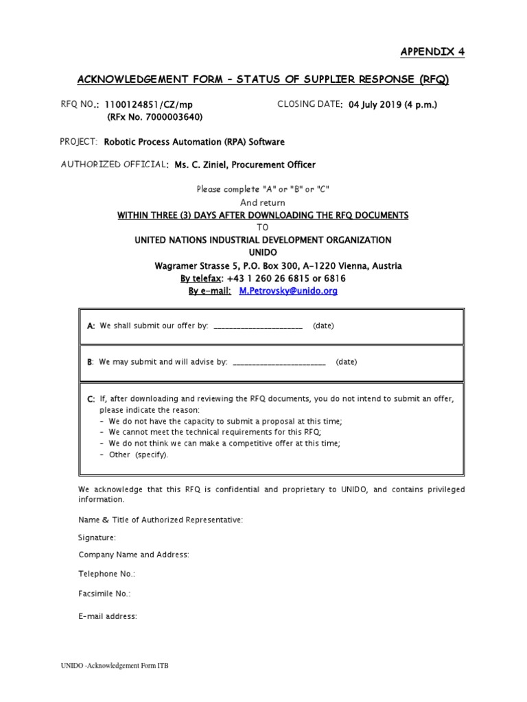 Appendix 4 Acknowledgement Form - Status of Supplier Response (RFQ) | PDF